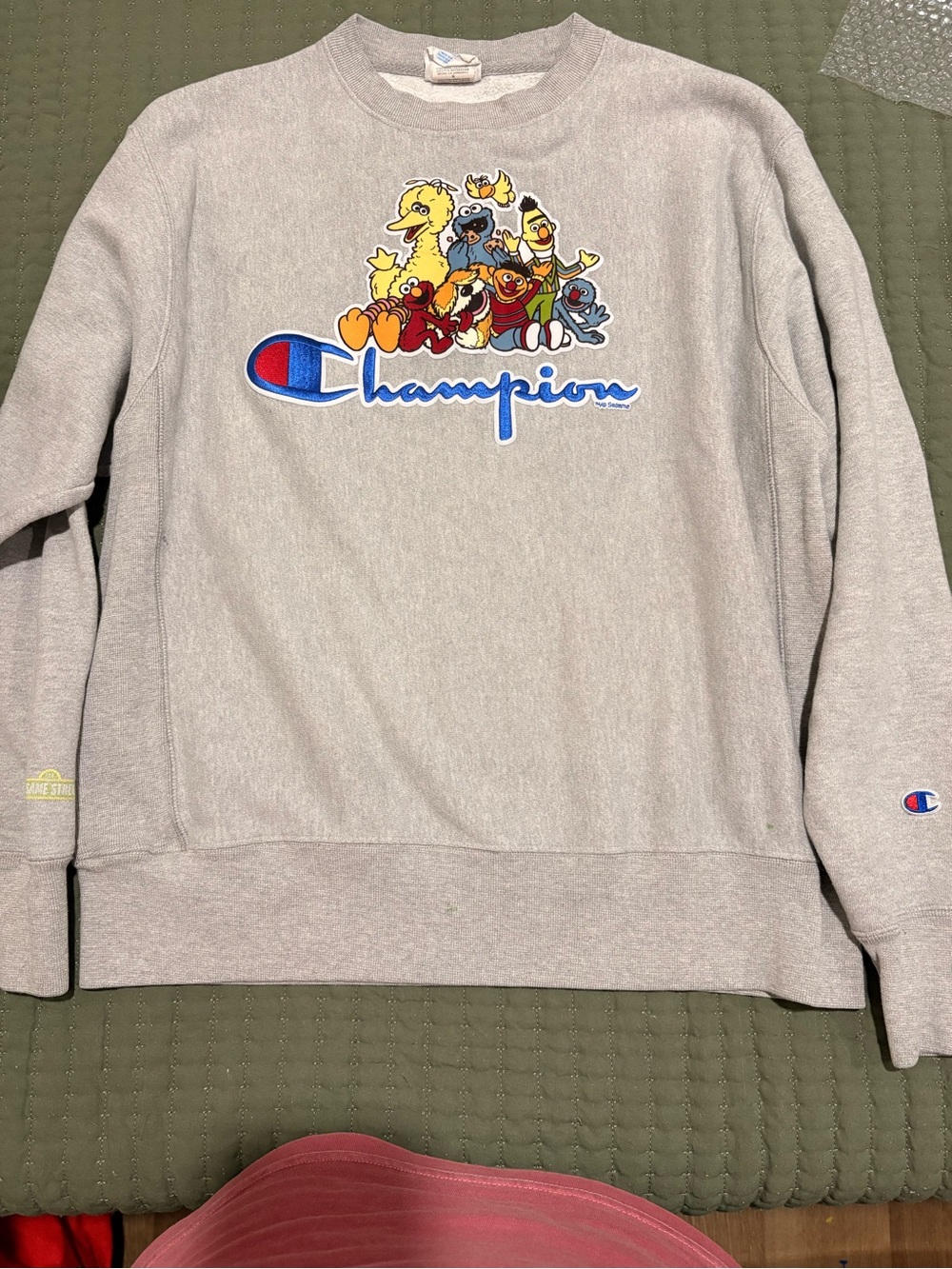Champion Light Gray Crewneck Sweatshirt with Colorful Character Graphic